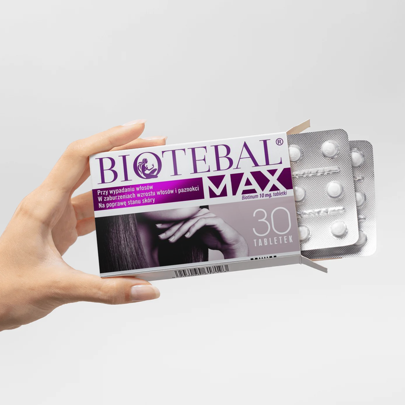 Biotebal Max packshot z wysuniętym blistrem 30 tabl.