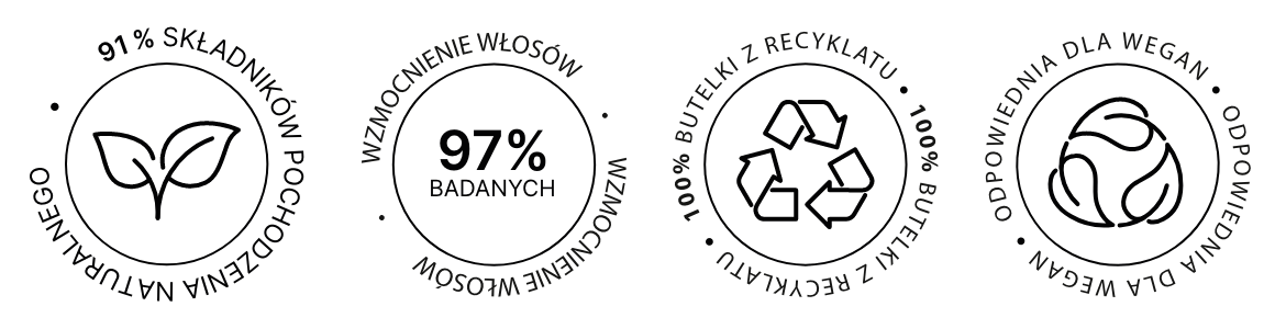 Ikony: 91% składników pochodzenia naturalnego; 97% badanych - wzmocnienie włosów; zawiera recyklat; dla wegan